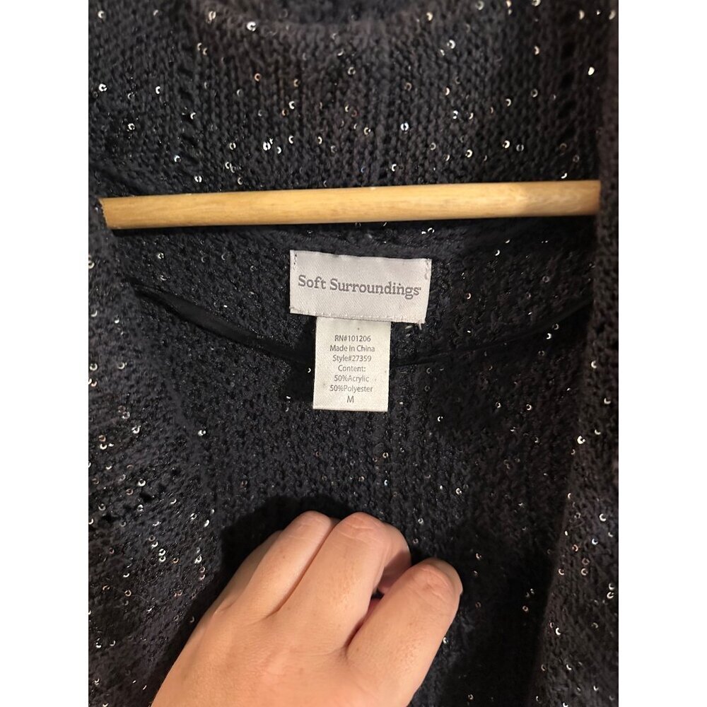 Y Soft Surroundings Black Glitter Winter Ruffle Open Cardigan Sweater - Picture 8 of 10